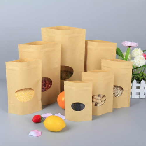 120g Kraft Paper Stand Up Pouch with Zipper, Oval Window (100 pcs) (130×200+80mm)