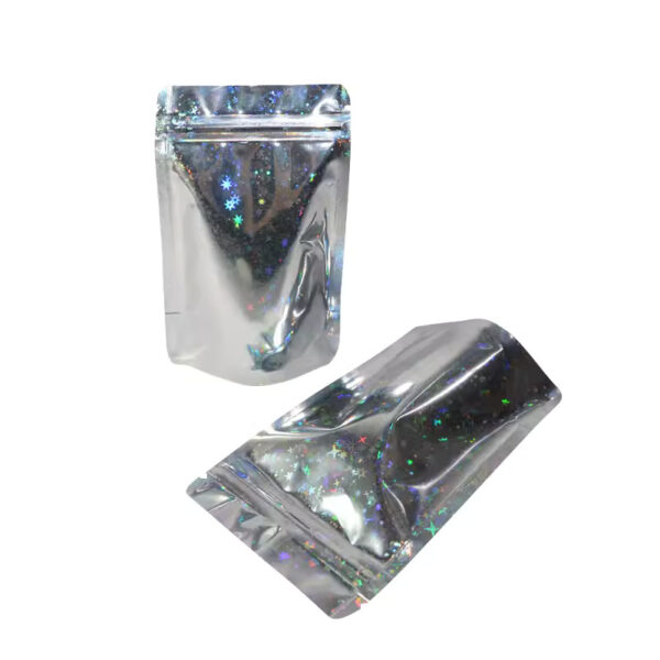 28g Holographic Rainbow Stand Up Pouch with Zipper, Foil Lined (100 pcs) (85×130+50mm)